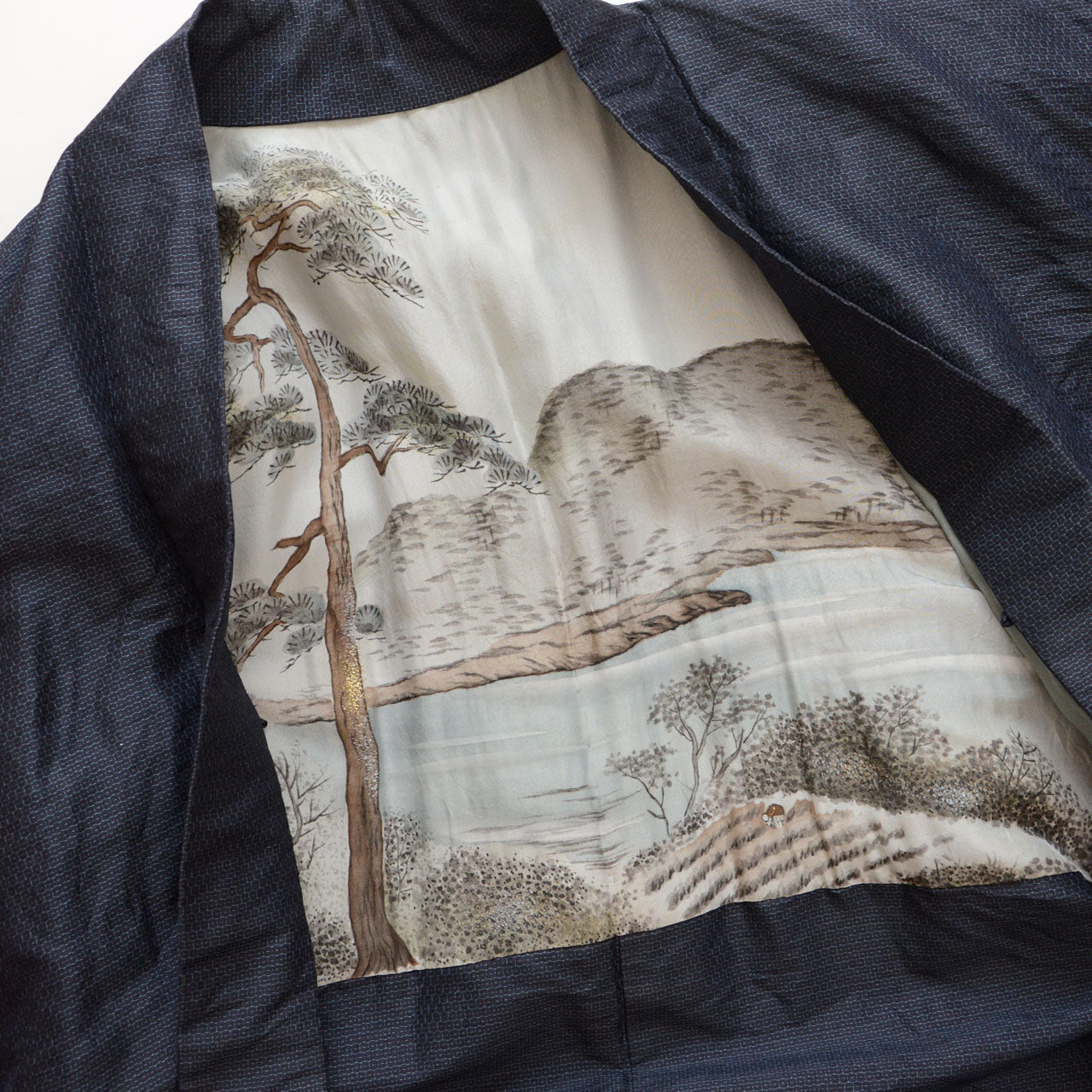 Haori jacket interior lining, sansui landscape painting in ink
