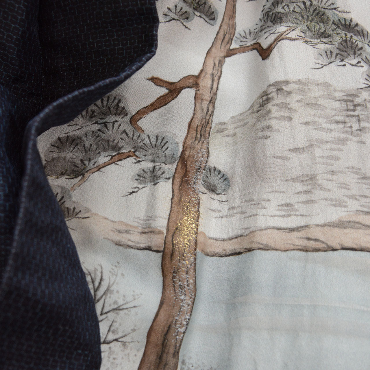 Japanese haori, navy exterior with painted landscape lining visible
