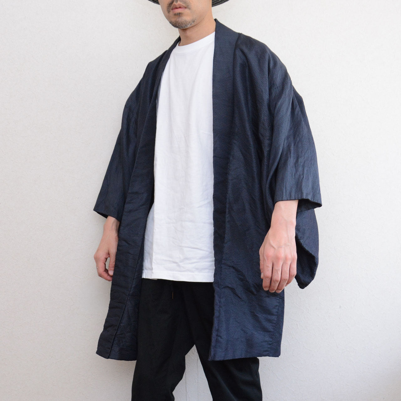 Japanese vintage outerwear, navy haori with artistic interior lining