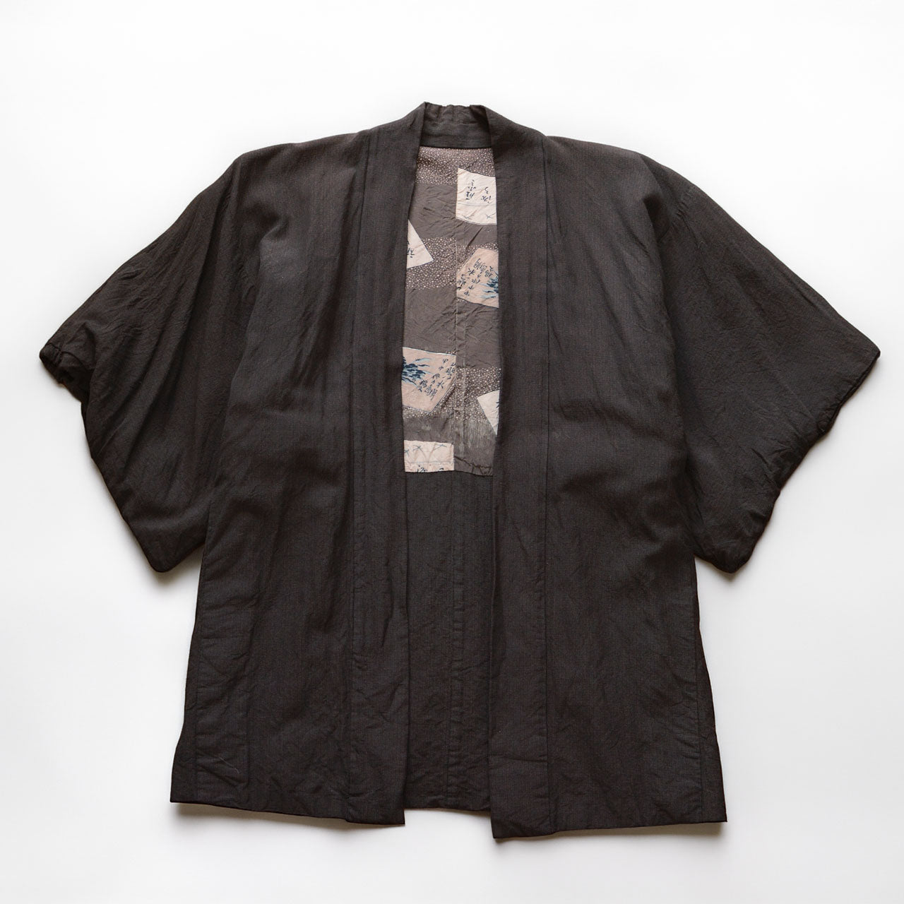 Men's haori jacket, rayon blend, sansui calligraphy lining, Showa era Japan vintage, laid flat front view