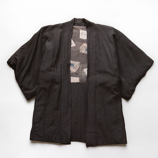 Men's haori jacket, rayon blend, sansui calligraphy lining, Showa era Japan vintage, laid flat front view