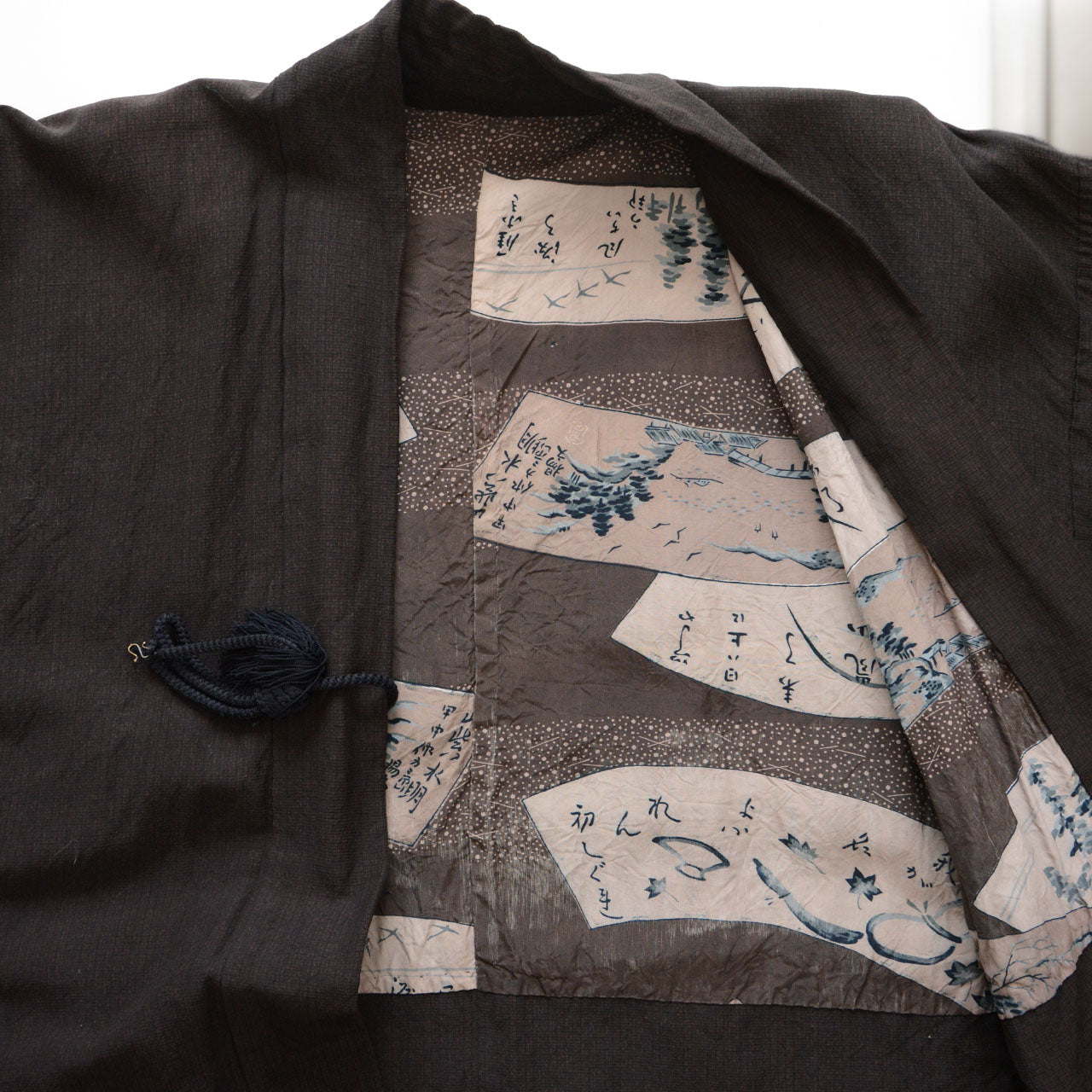 Haori jacket lining visible through front opening, sansui landscape and calligraphy pattern, Japan vintage