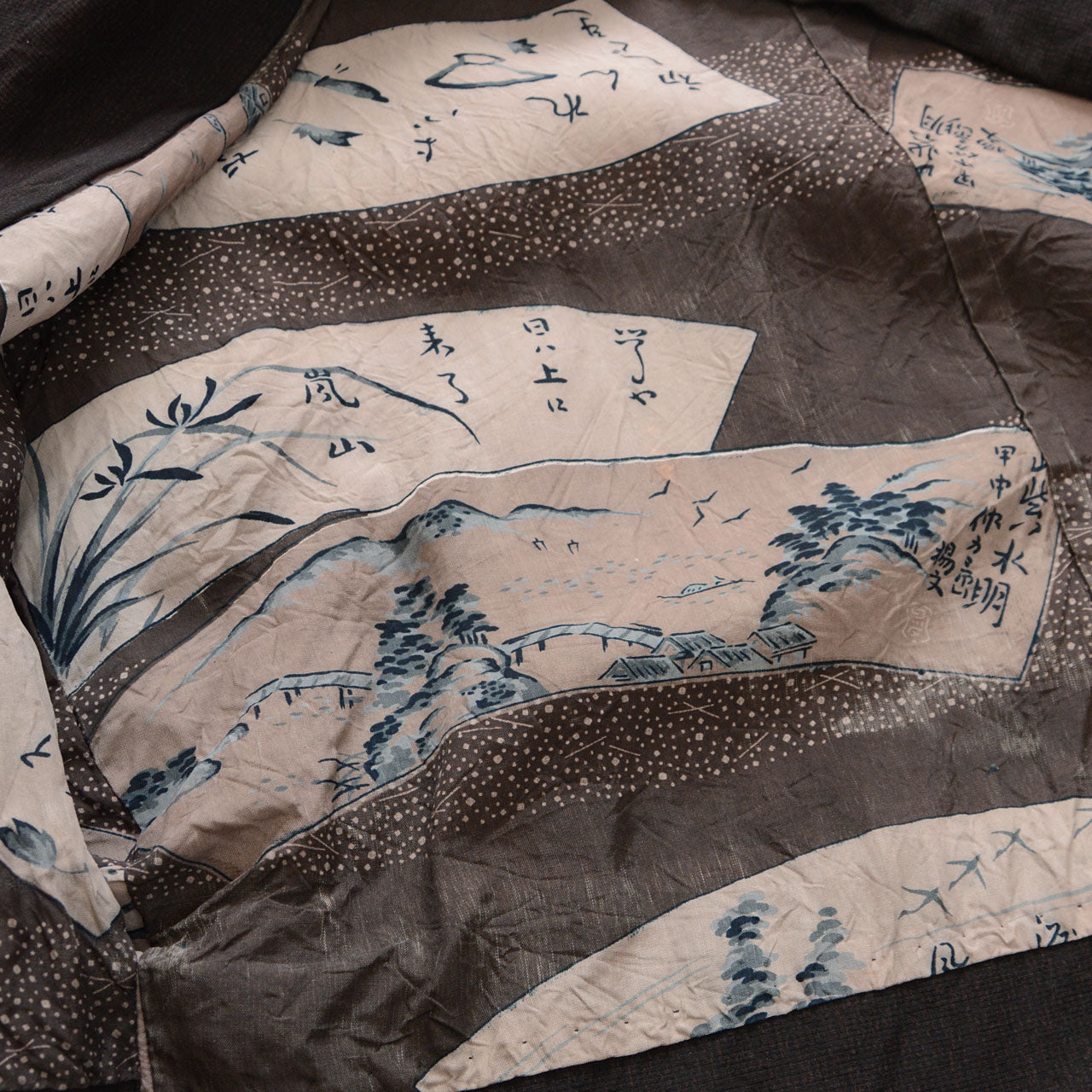 Haori jacket lining detail, kanji characters including Arashiyama, sansui calligraphy pattern, Showa era Japan vintage