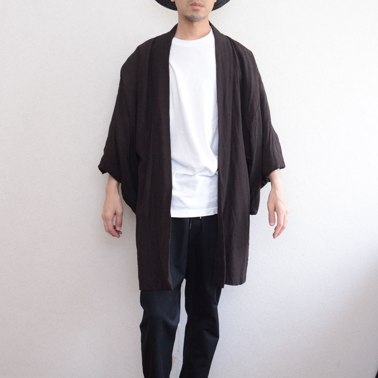 Male model wearing haori jacket, front view, rayon blend, Showa era Japan vintage