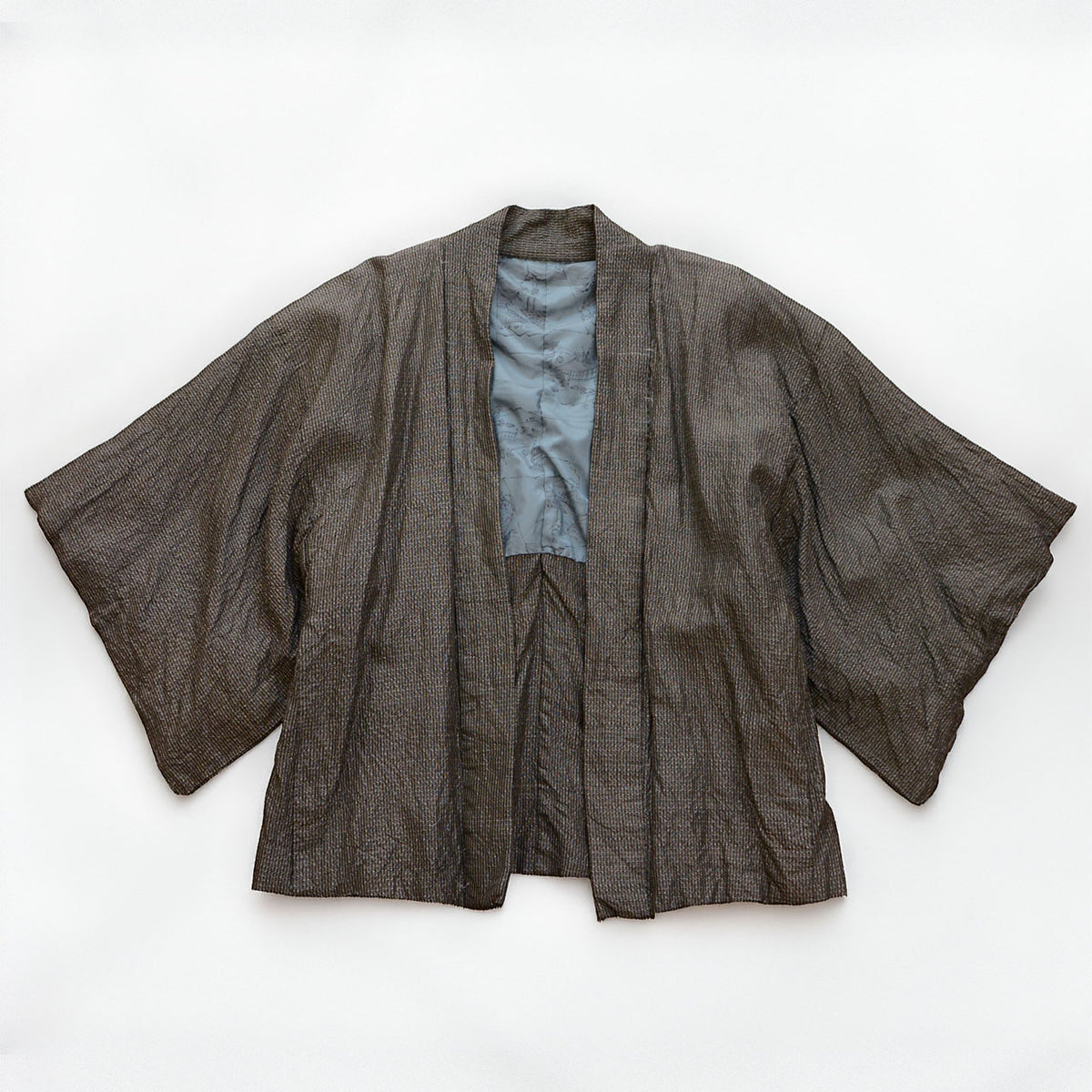 Late Showa vintage men's short haori jacket with a fine pattern and blue-gray lining