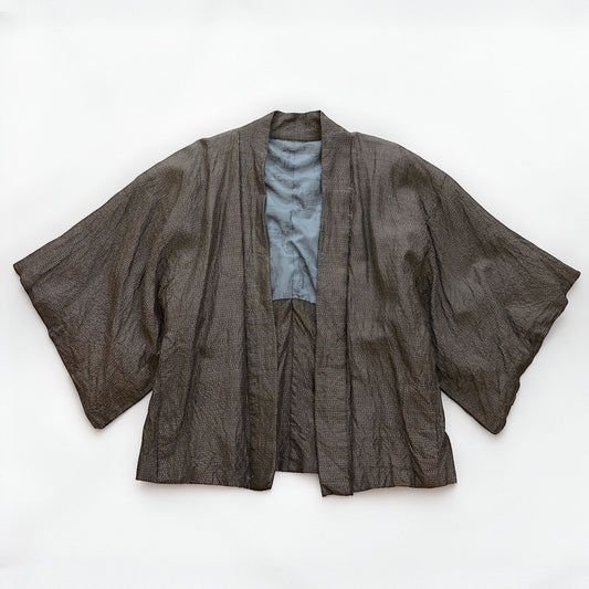 Late Showa vintage men's short haori jacket with a fine pattern and blue-gray lining