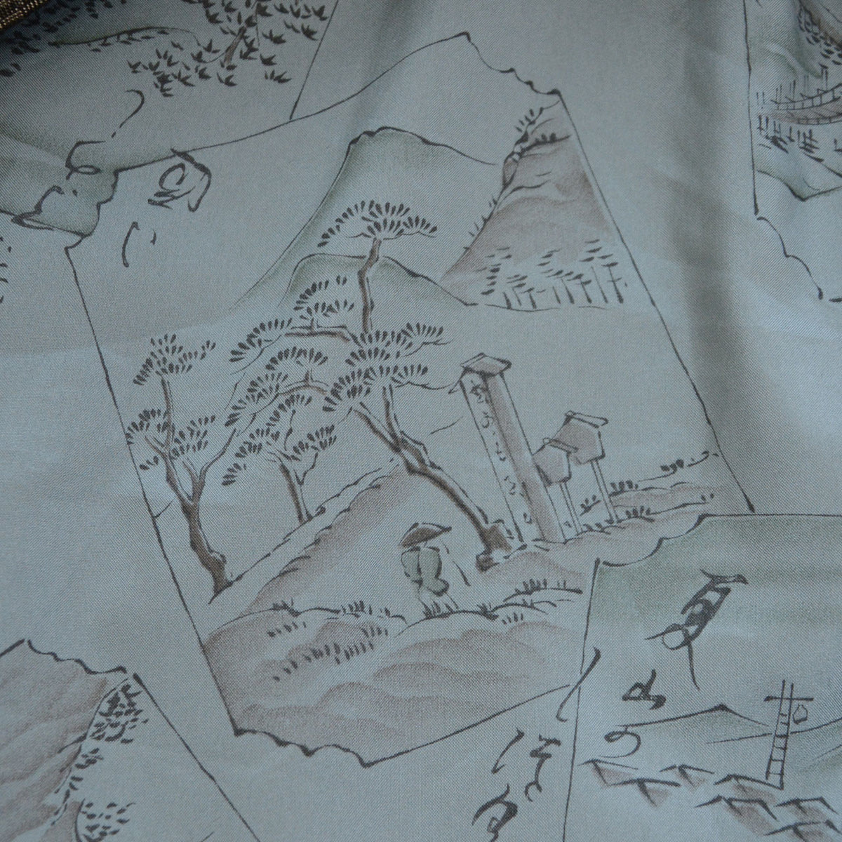 Vintage haori lining with pine trees, mountains, figures and Japanese calligraphy