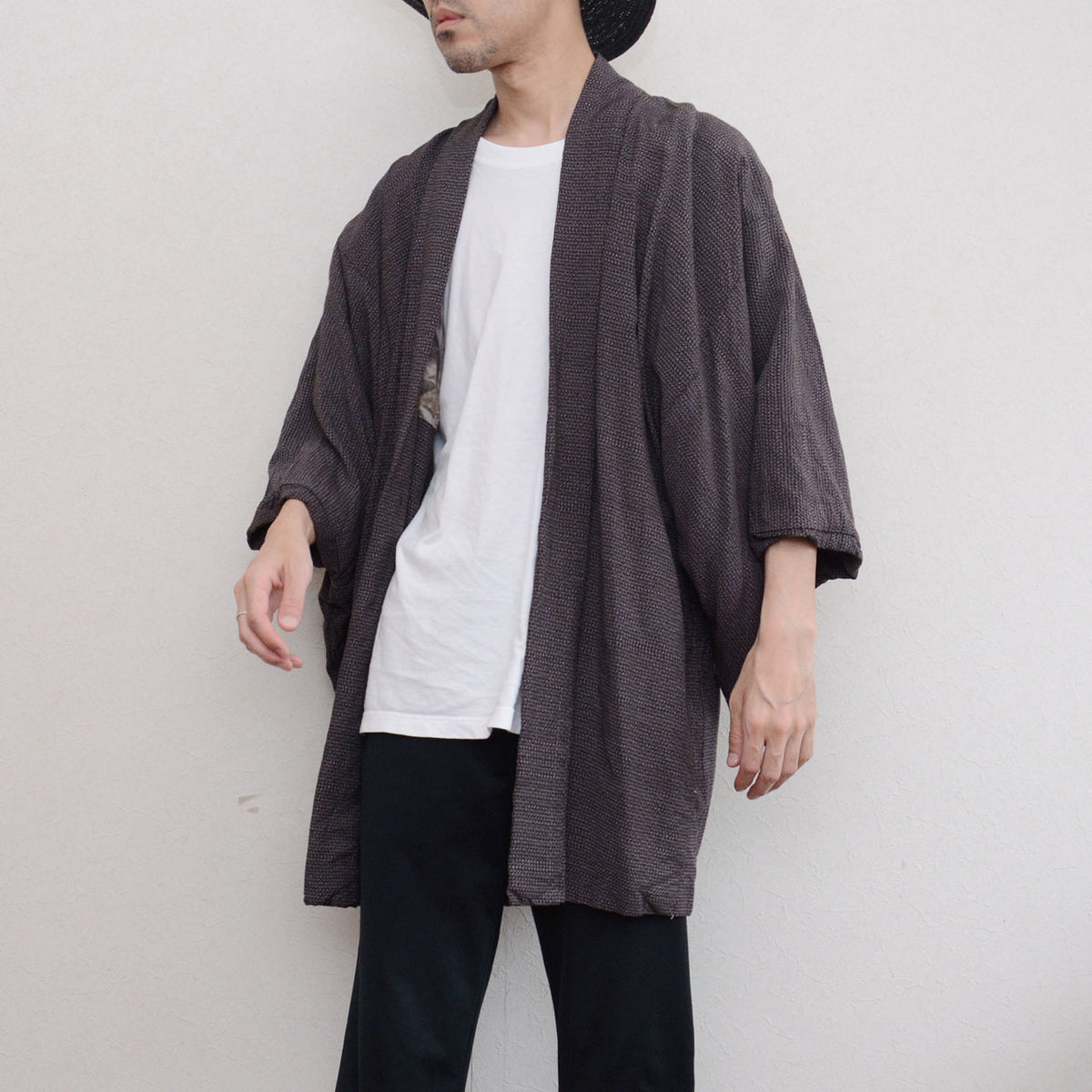 Japanese vintage men's haori worn by a model, front view, late Showa era