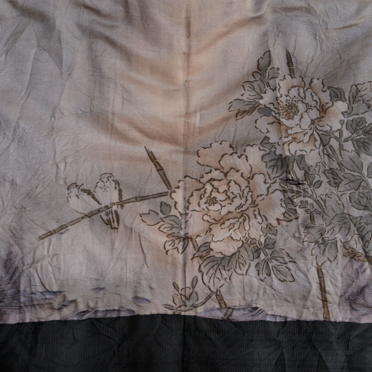 Old Japanese men’s haori with sparrow motif and aged textile texture