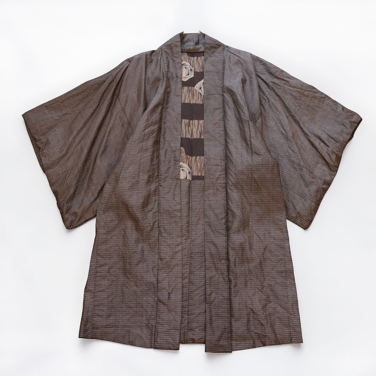 Vintage Japanese men's haori jacket in deep brown silk blend with komon pattern