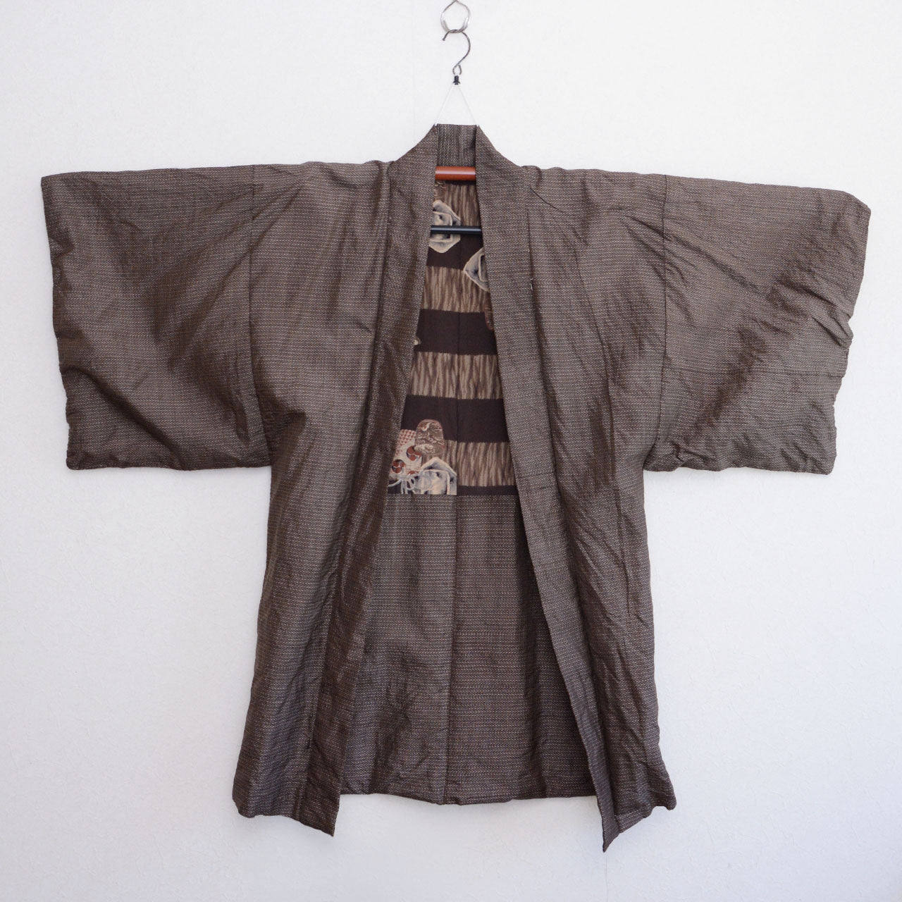Japanese haori jacket, men's, deep brown komon, silk blend, Showa era vintage