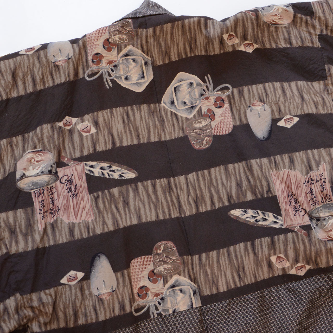 Japanese men's haori, deep brown komon, silk blend, vintage outerwear, Showa era