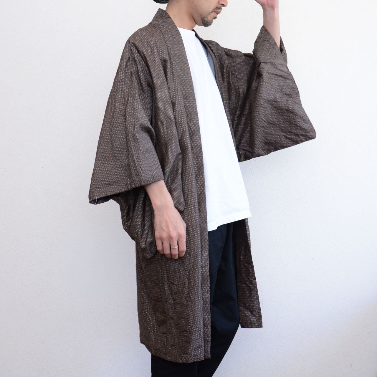Haori jacket men's vintage, brown komon weave, silk blend, open front, Japan vintage