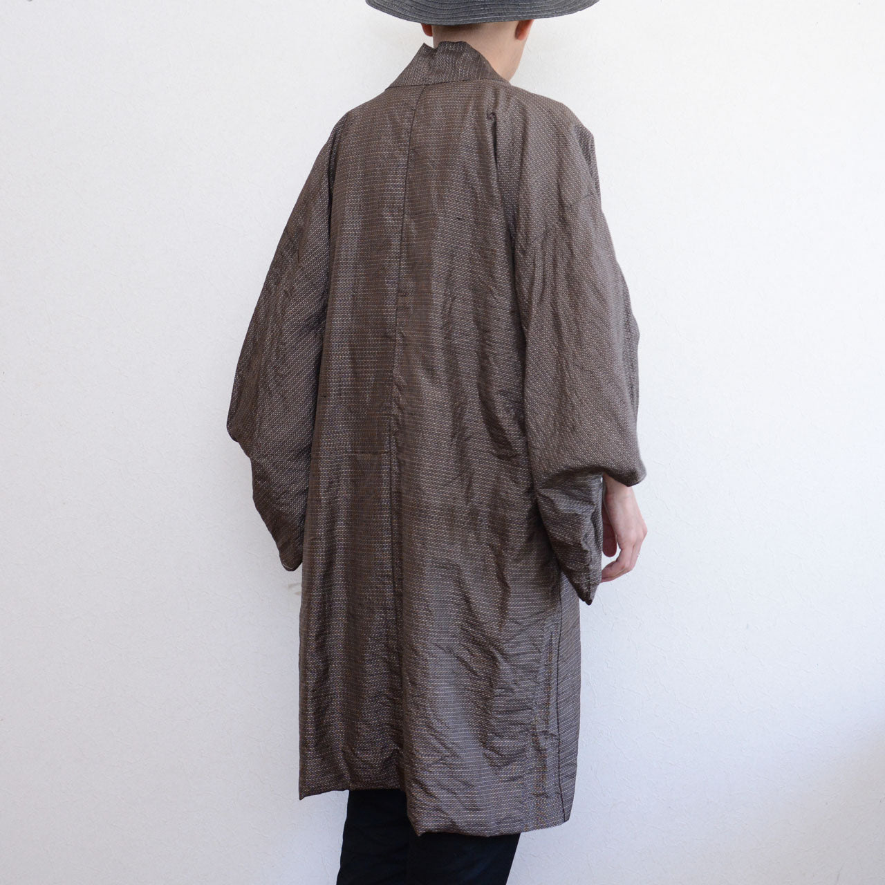 Deep brown komon haori jacket, men's, silk blend, Showa era, Japanese vintage fashion