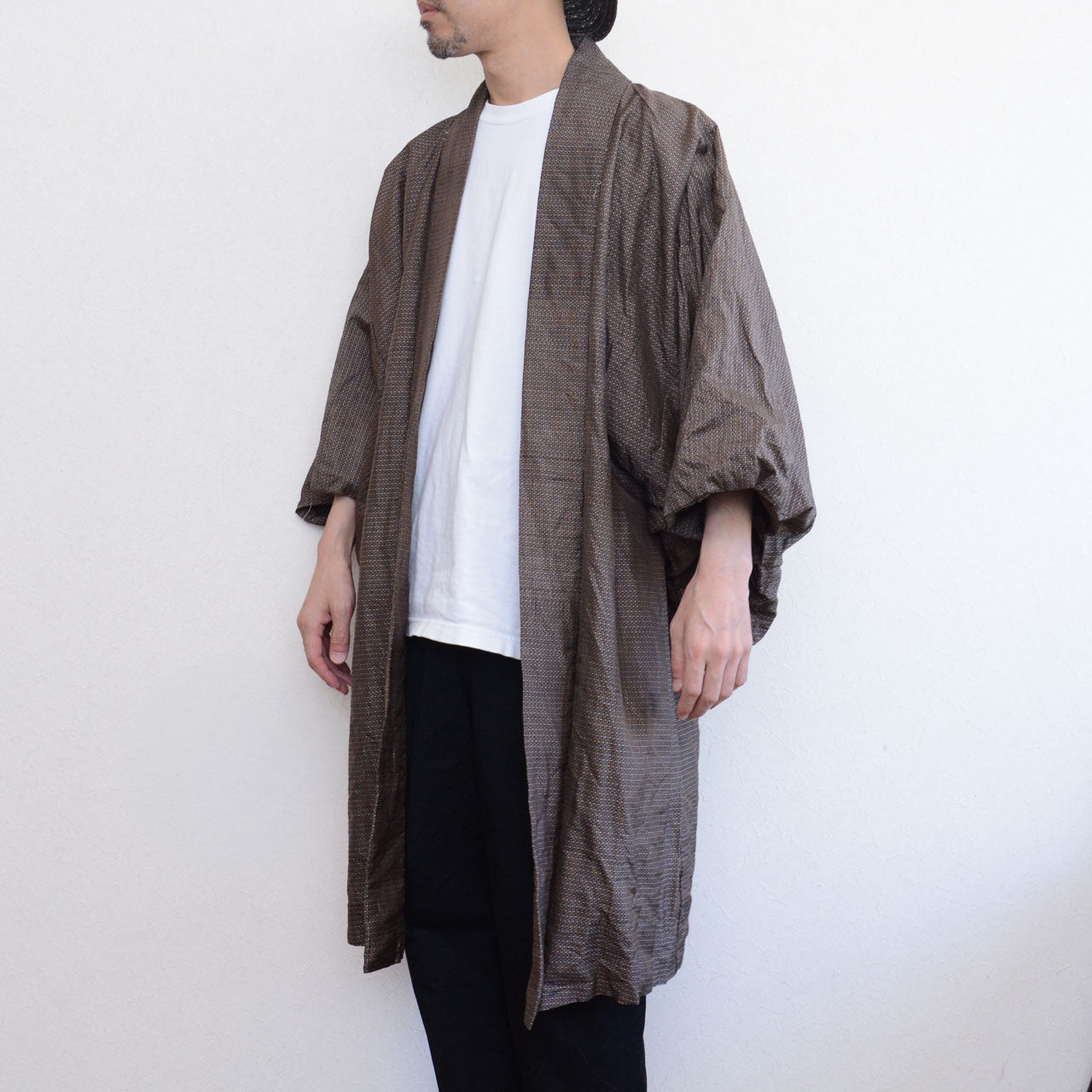Men's Japanese haori jacket, brown komon silk blend, vintage, open-front traditional outerwear