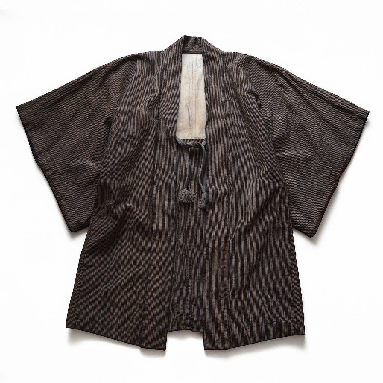 Men's vintage Japanese indigo striped cotton haori jacket laid flat from the front