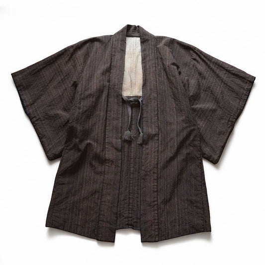 Men's vintage Japanese indigo striped cotton haori jacket laid flat from the front