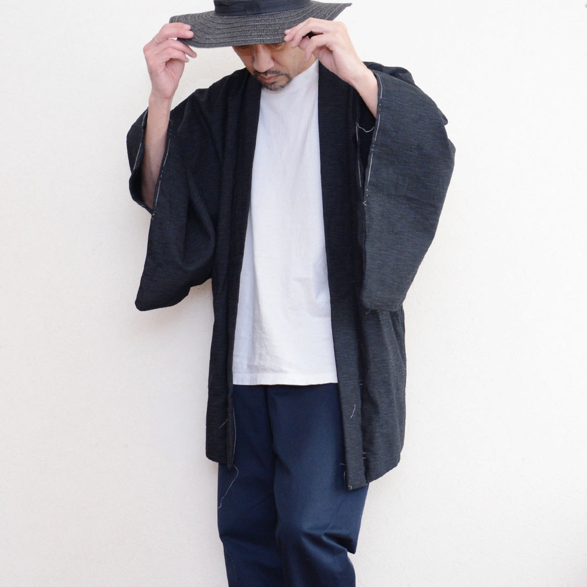 Men's vintage haori jacket worn open over a white shirt, deep subdued tone, 1970s-1980s Japan vintage