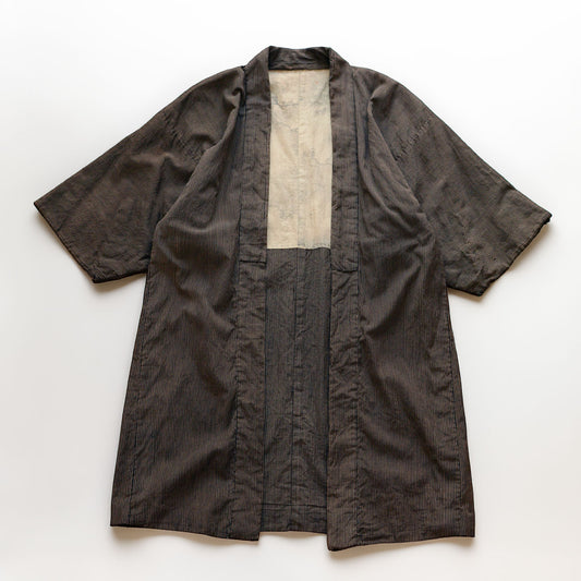 Japanese vintage men's haori jacket in striped cotton, open front showing the lining