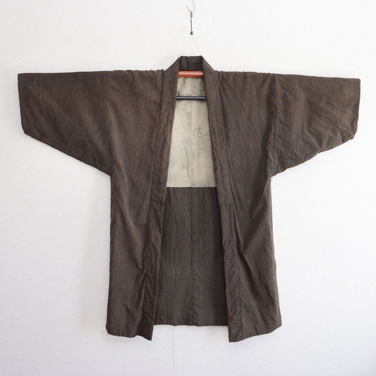 Japanese vintage men's haori jacket with fine striped cotton outer fabric, front view