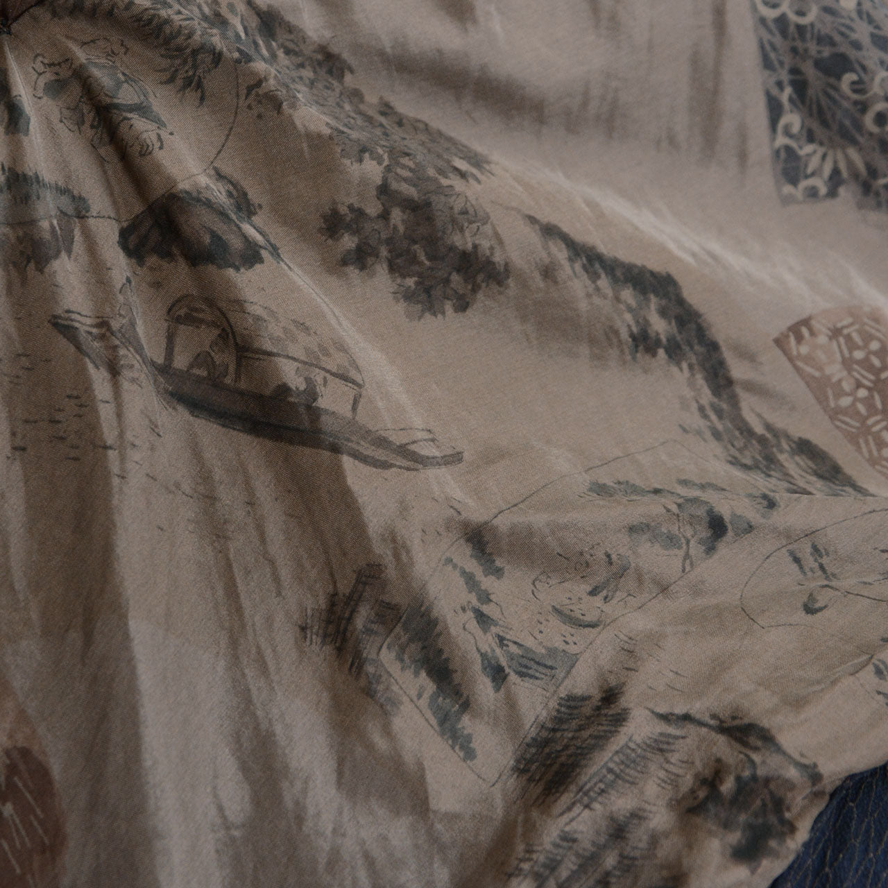 Close-up of Japanese vintage haori lining featuring mountains, trees, and traditional scenic imagery