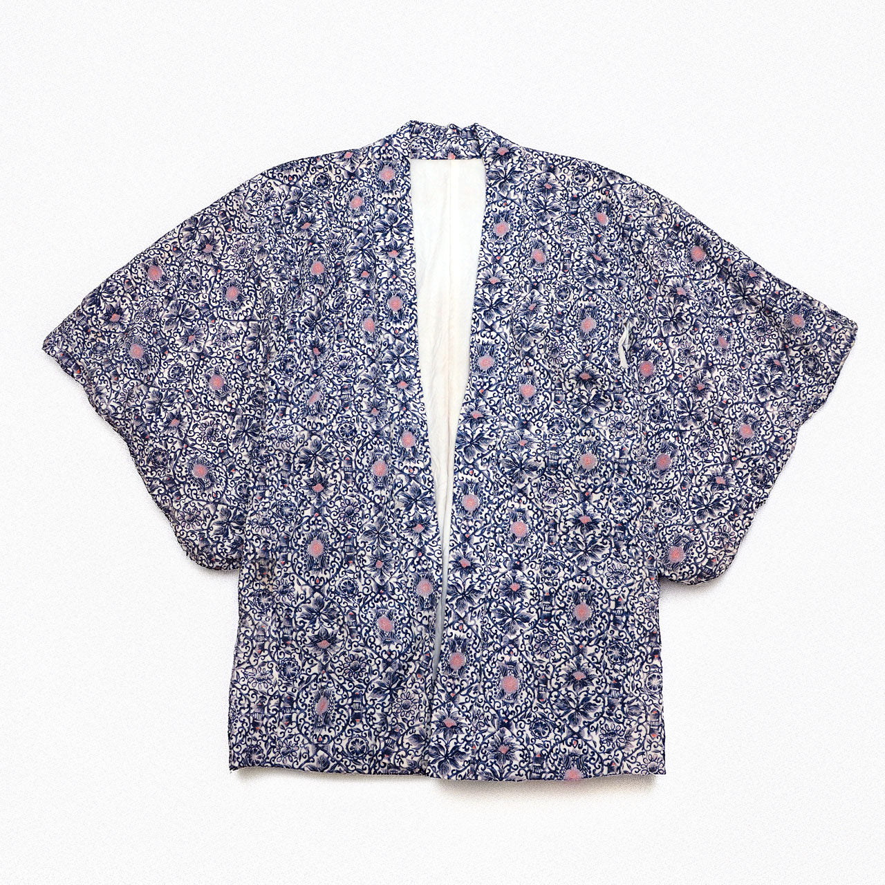 Haori kimono, navy karakusa arabesque pattern, coral pink floral motifs, polyester chirimen crepe, Japan vintage