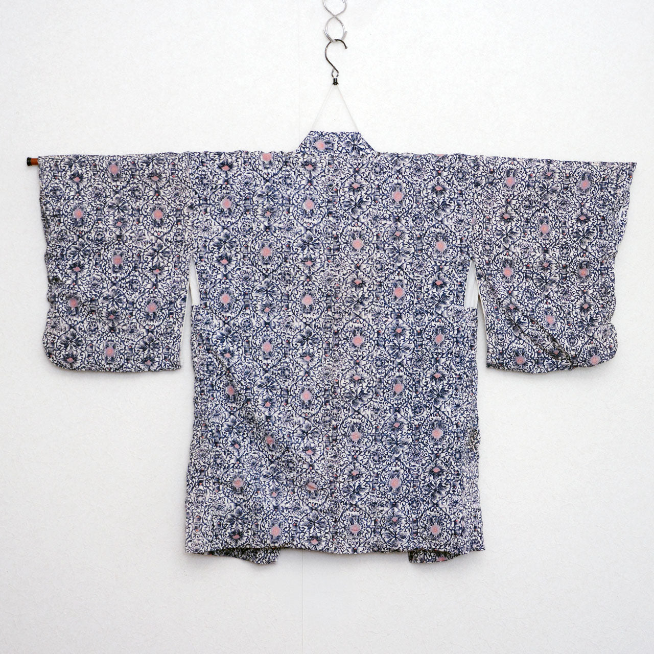 Japan vintage kimono haori, intricate navy arabesque pattern on off-white ground, polyester crepe fabric