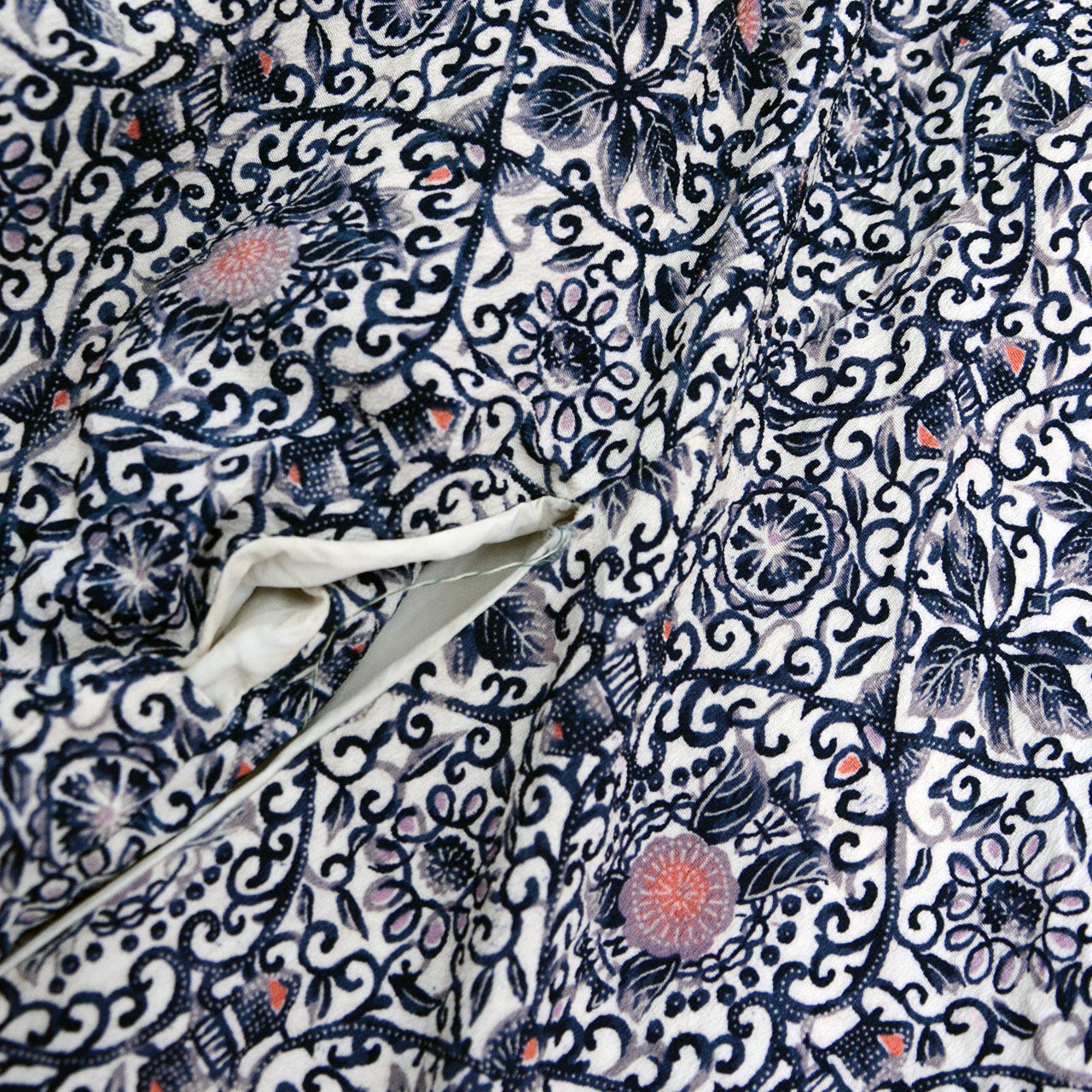 Japanese haori, navy arabesque and floral print, polyester chirimen crepe, vintage kimono outerwear