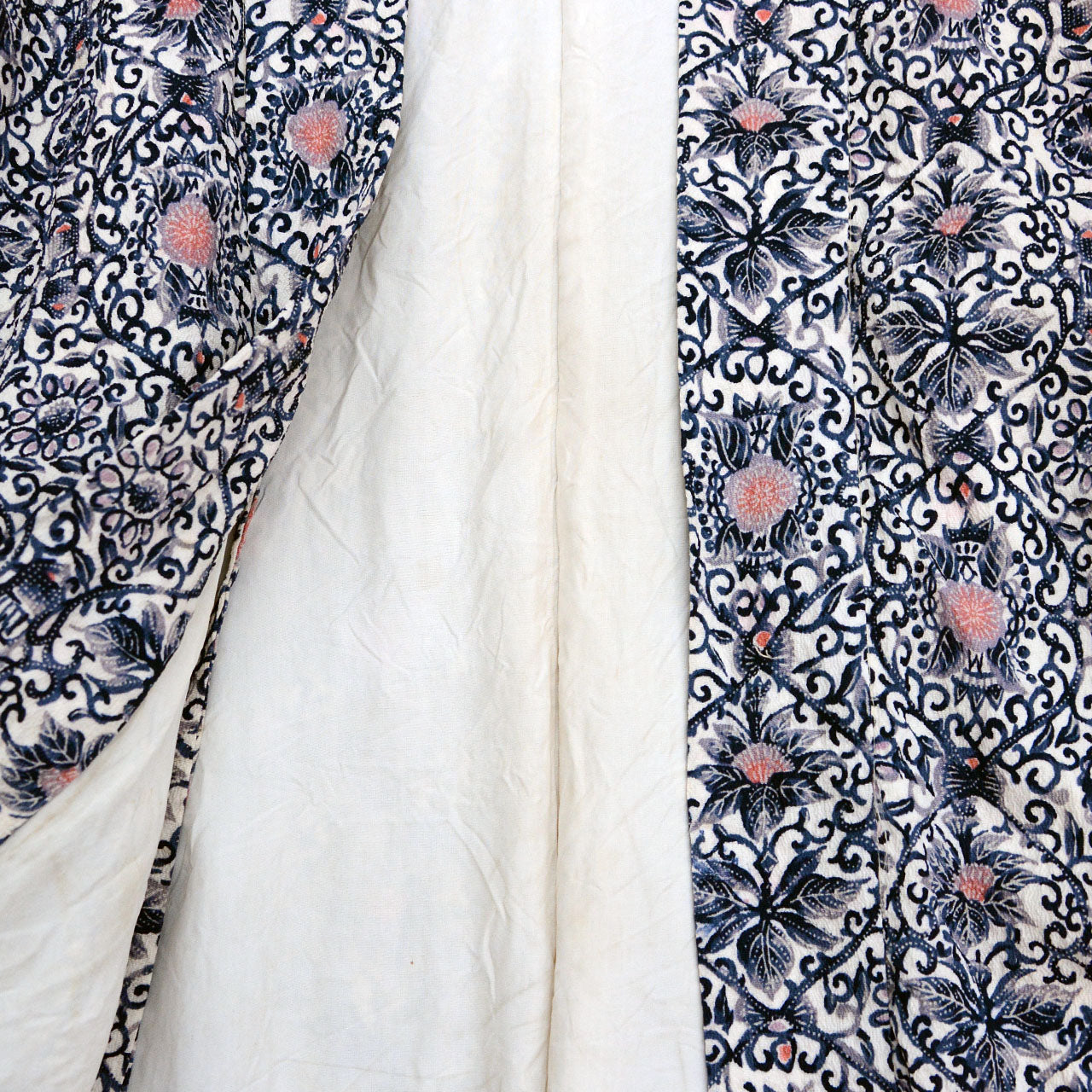 Haori kimono, karakusa scroll pattern in navy and white, coral pink floral details, Japan vintage textile