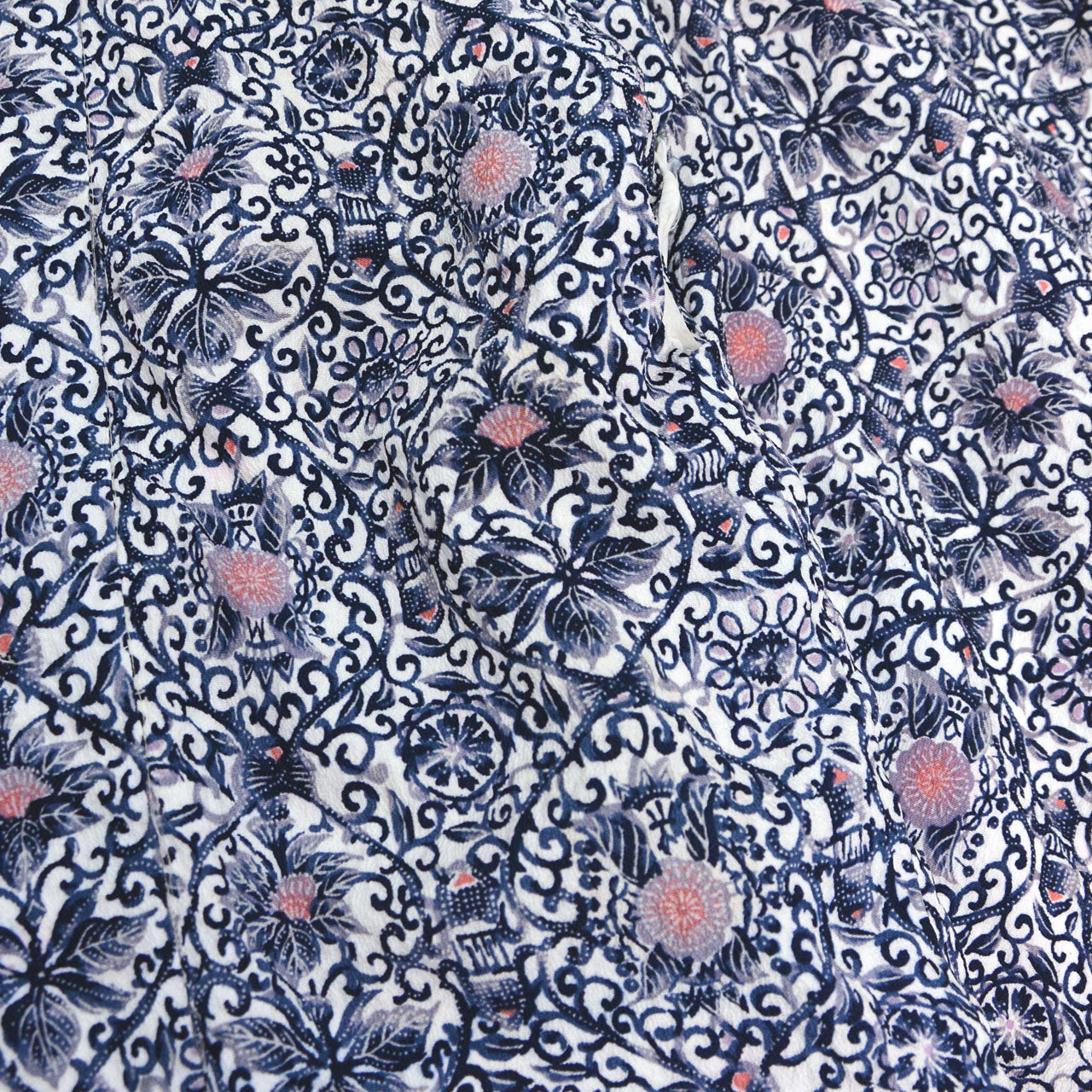 Showa era haori kimono, navy arabesque floral print, polyester chirimen crepe, Japanese vintage fashion