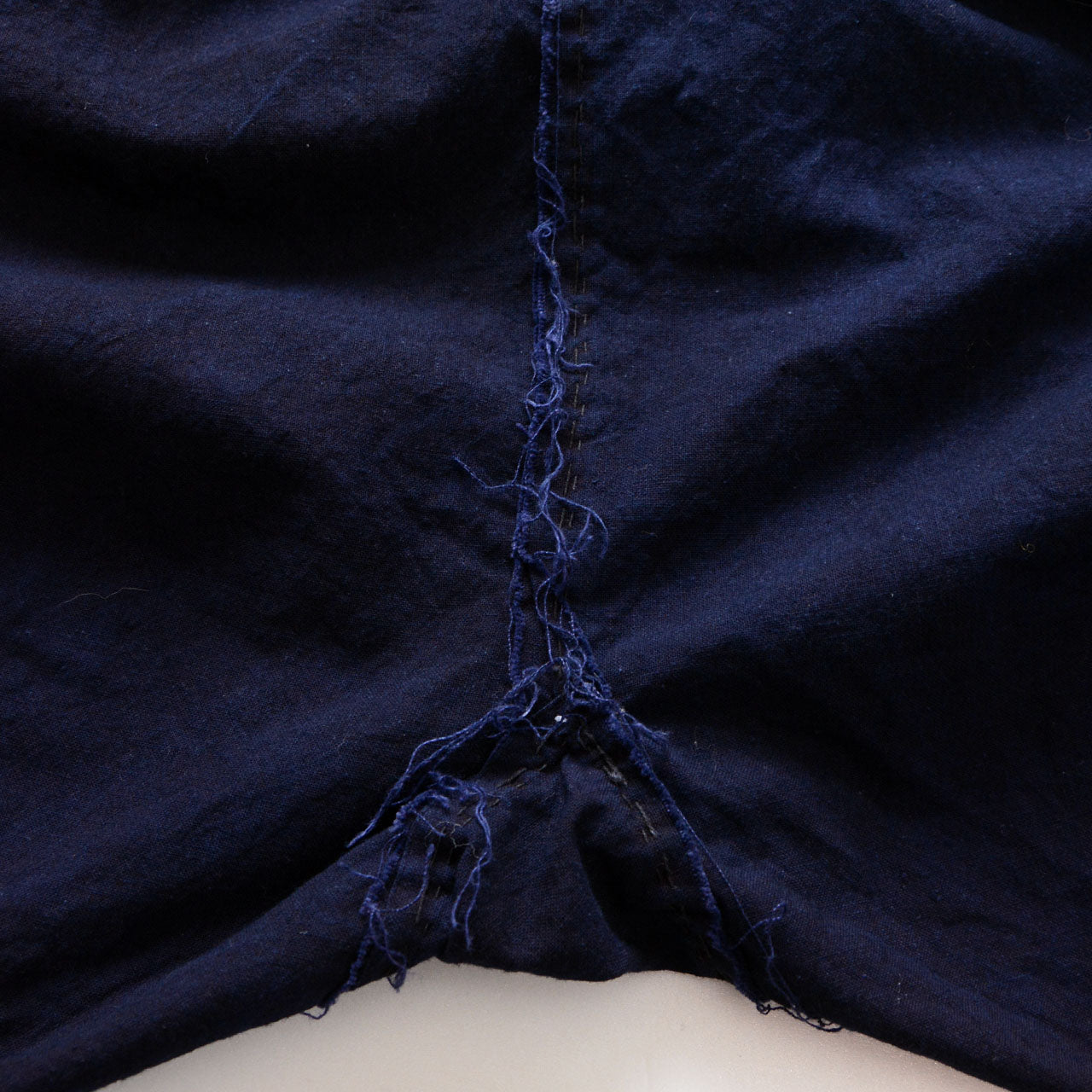 Antique Japanese work trousers, natural indigo cotton, gathered waist, contrast stripe tie fabric, vintage textile