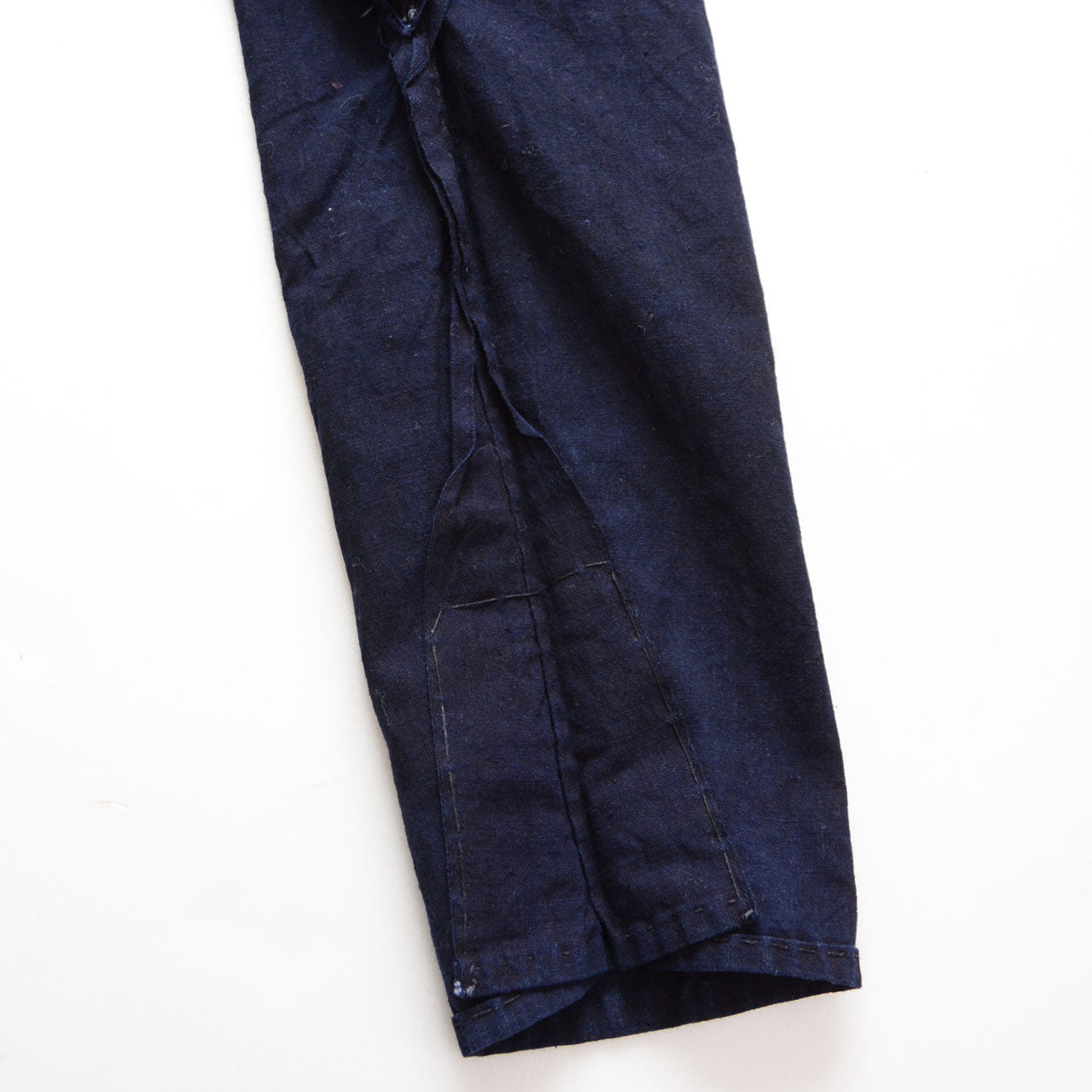 Taisho era monpe, deep indigo aizome cotton, handmade Japanese vintage bottoms, aged patina