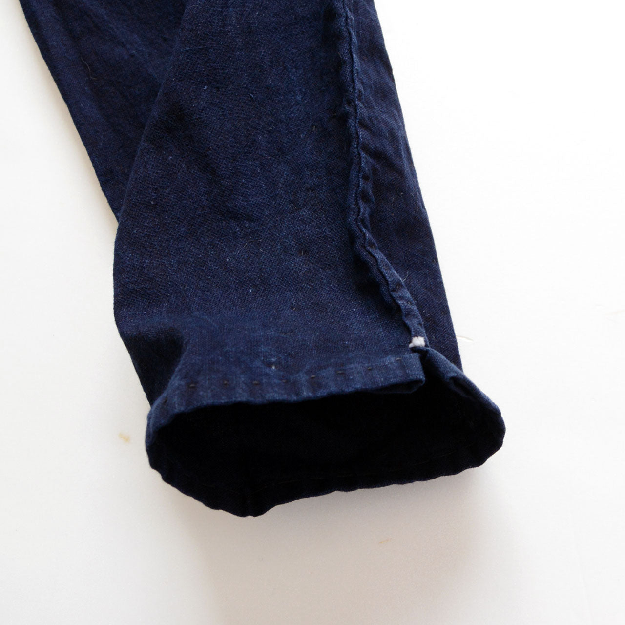 Vintage Japanese monpe trousers, hand-dyed indigo cotton, striped waist tie detail, early Showa workwear