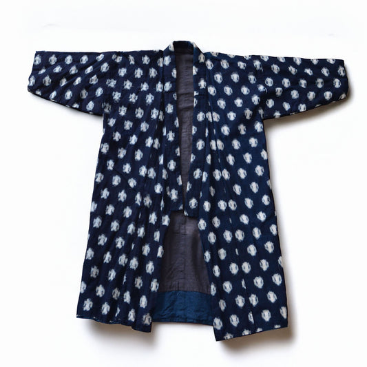Showa-era Japanese indigo kasuri cotton kimono, early to mid Showa period, antique fabric, one of a kind