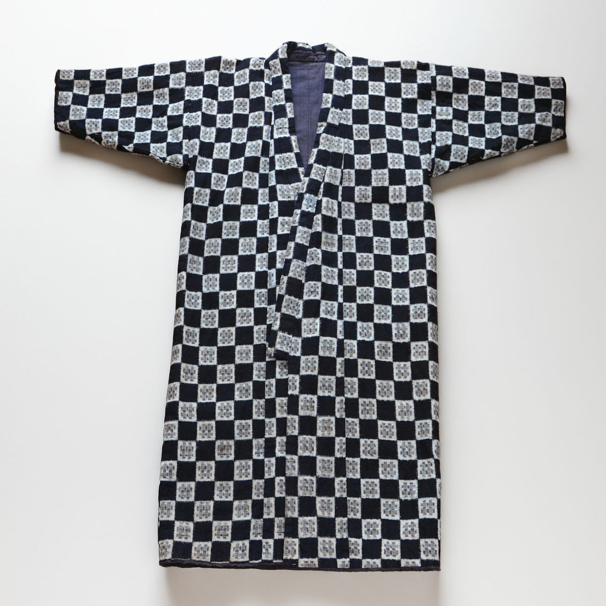 Early Showa indigo cotton padded hanten with white checkered kasuri pattern
