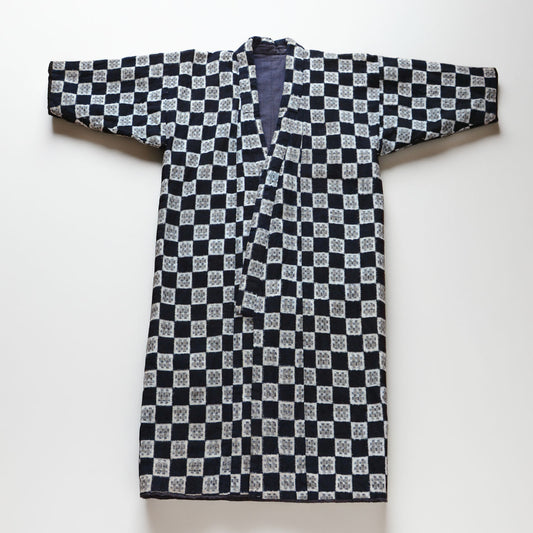 Early Showa indigo cotton padded hanten with white checkered kasuri pattern