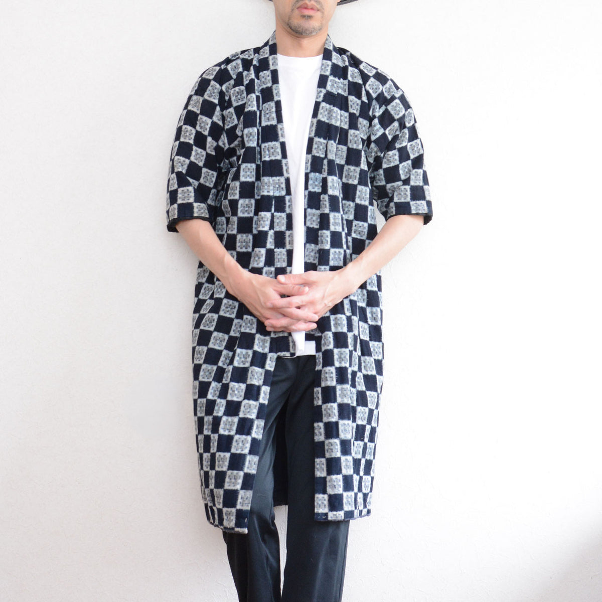Indigo checkered kasuri padded hanten worn by a 171 cm adult model