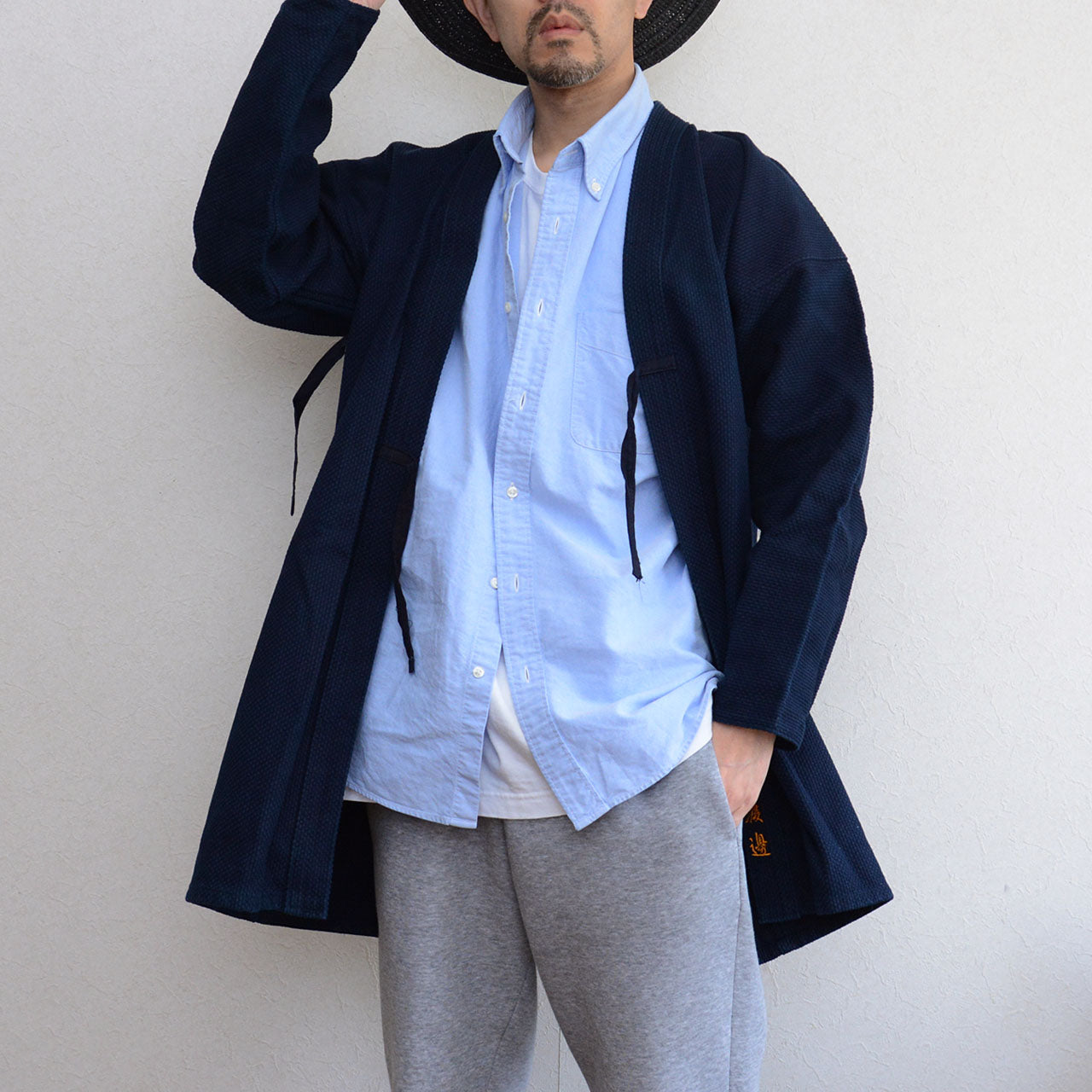 Unworn vintage indigo jacket, budo style, wrap collar, size 4, made in Japan