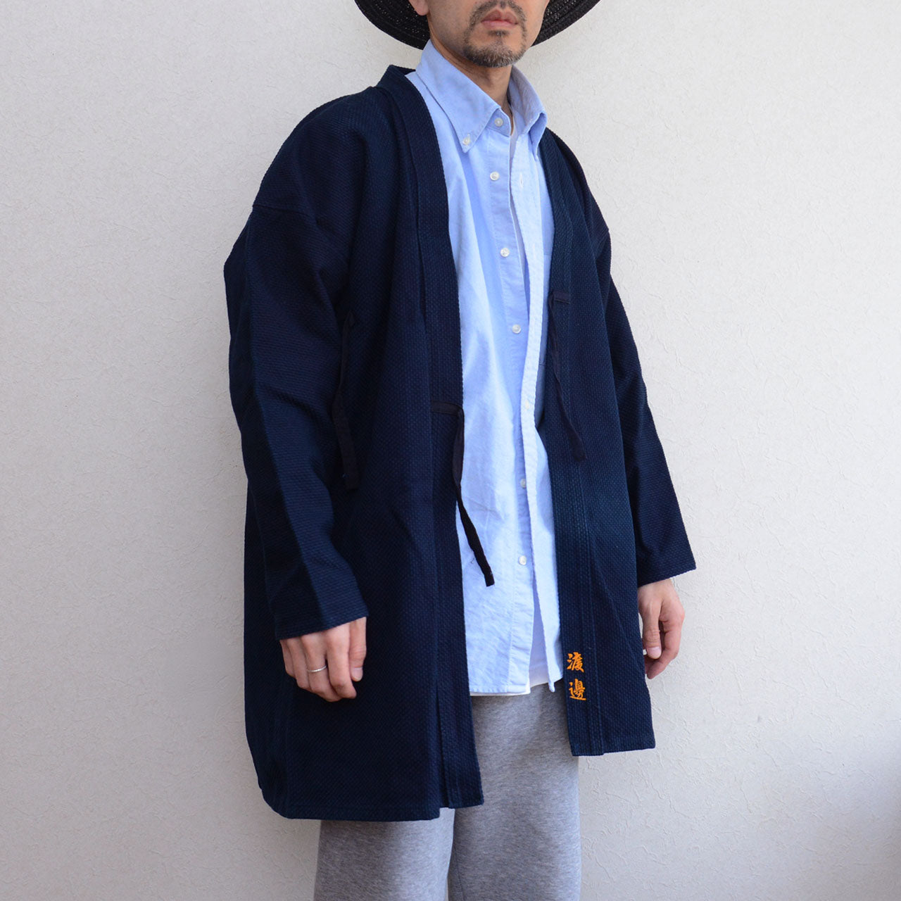 Vintage indigo cotton jacket, martial arts style, kanji embroidery, made in Japan