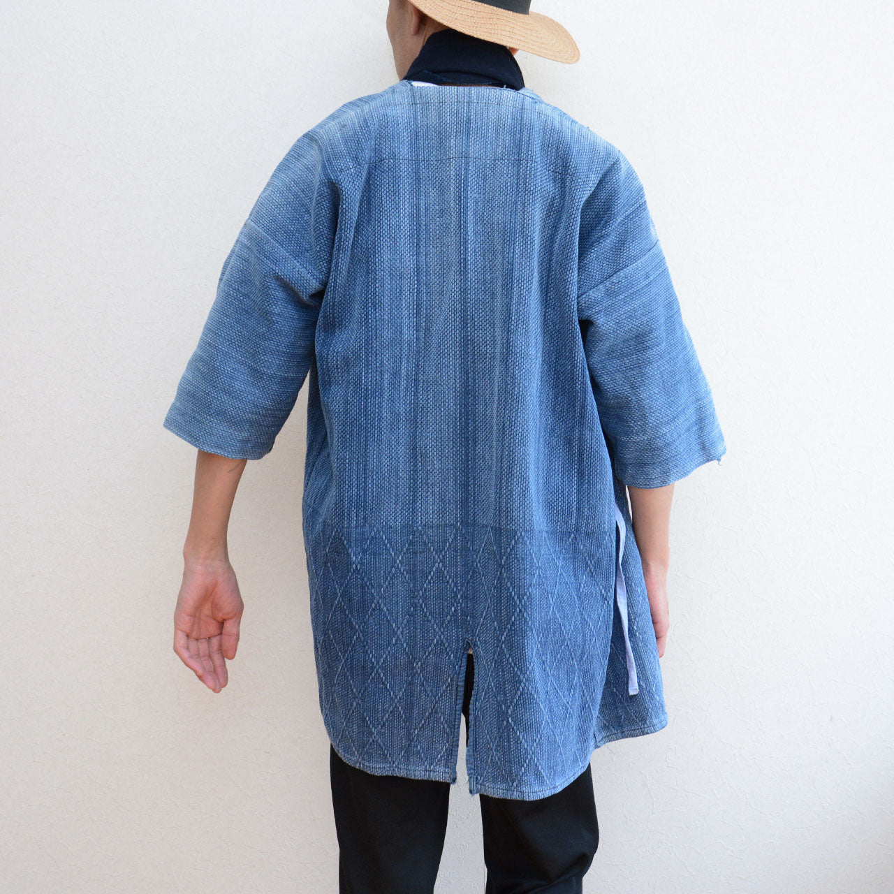 Remake-ready sashiko fabric with deep indigo fade