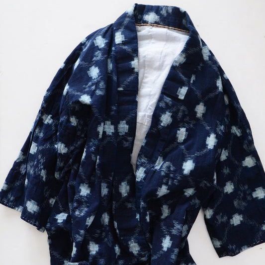 Vintage Japanese indigo kasuri cotton noragi jacket for men, mid-Showa era