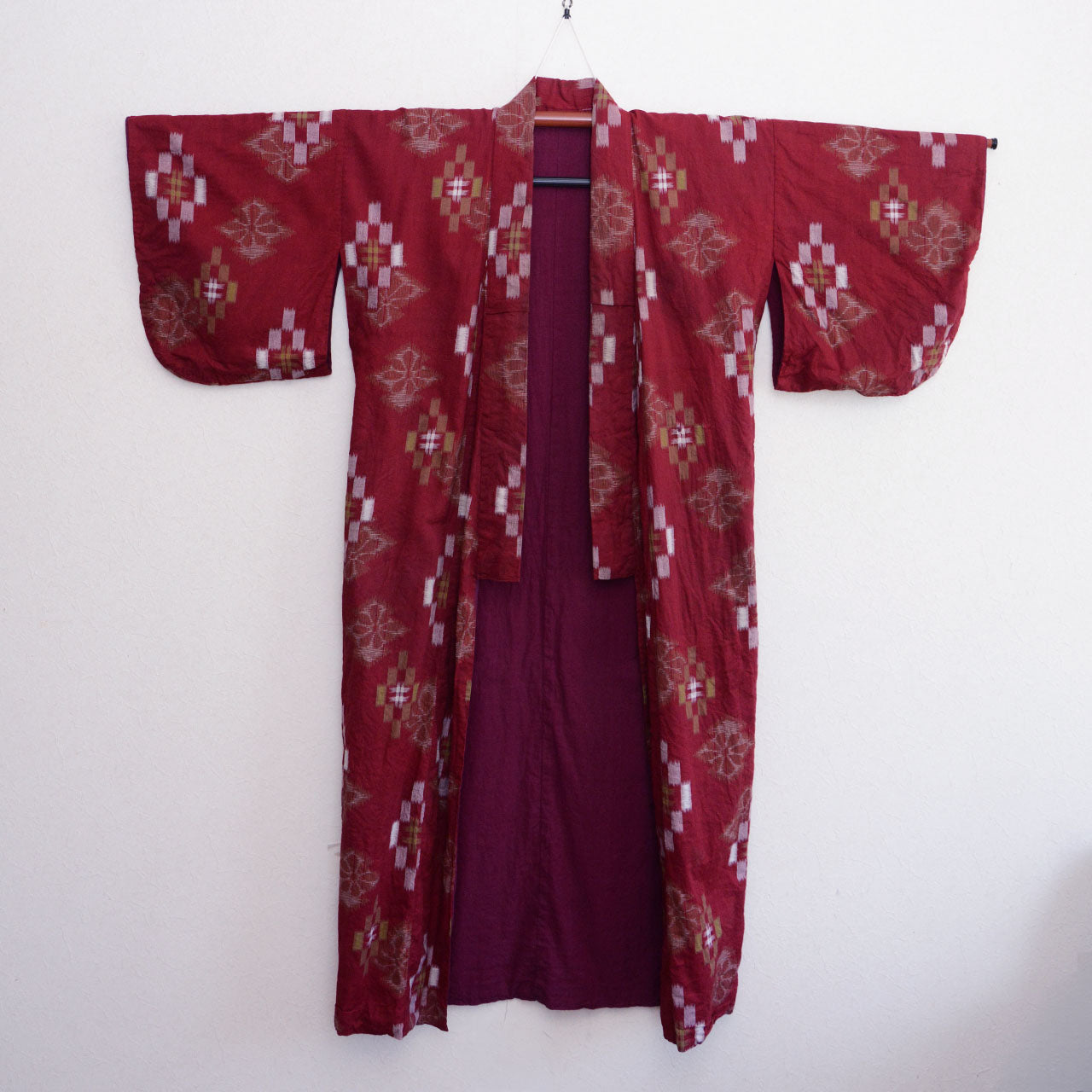 Red kasuri kimono, crimson cotton with allover ikat motifs, vintage Japanese textile