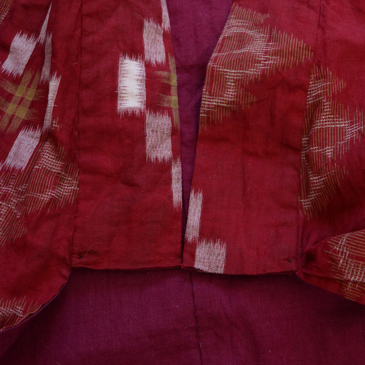 Red-ground ikat kimono, cotton kasuri weave, floral geometric motif, Showa period