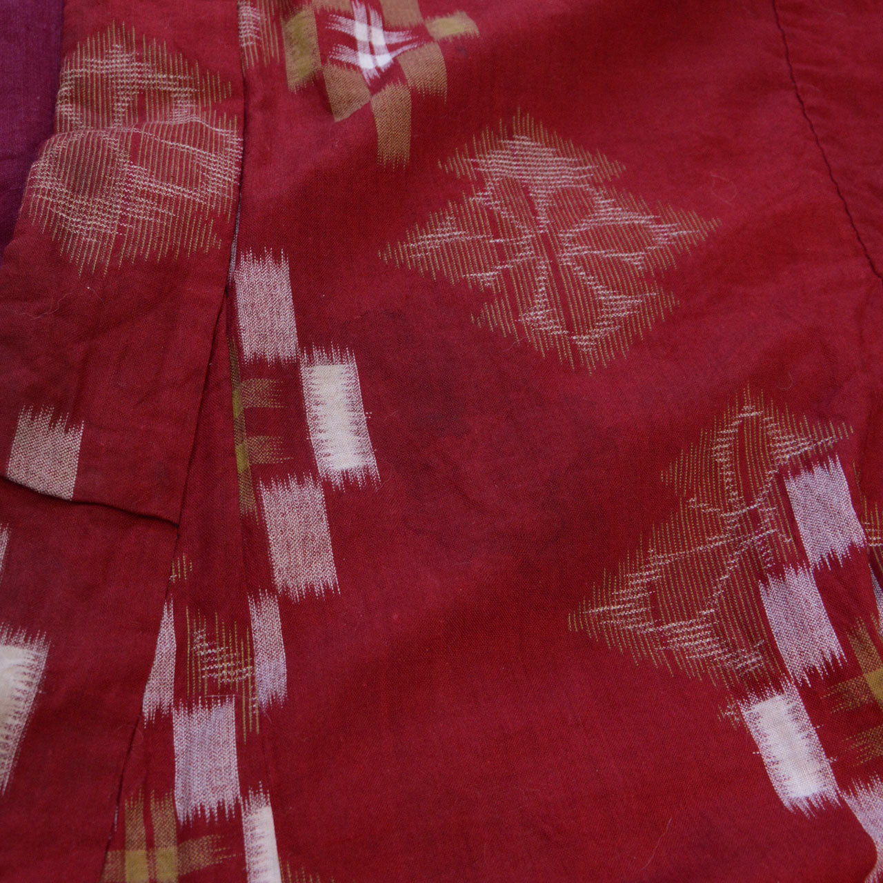 Vintage Japanese kimono, crimson kasuri cotton, allover ikat pattern, handstitched