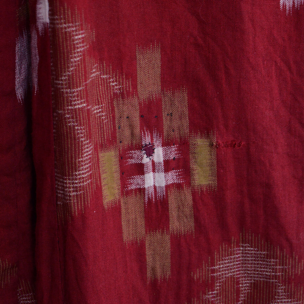 Japan vintage kimono, red kasuri cotton, floral and geometric ikat, purple interior lining