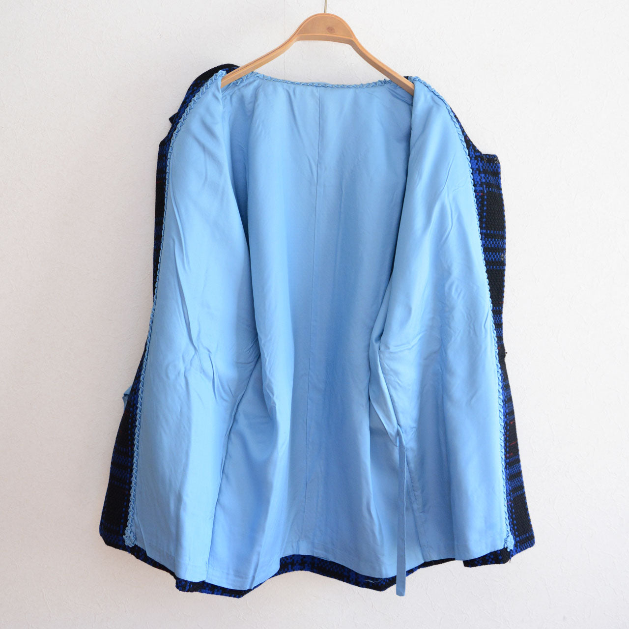 Blue and black check Japanese vintage mama coat, practical everyday outerwear from Showa era