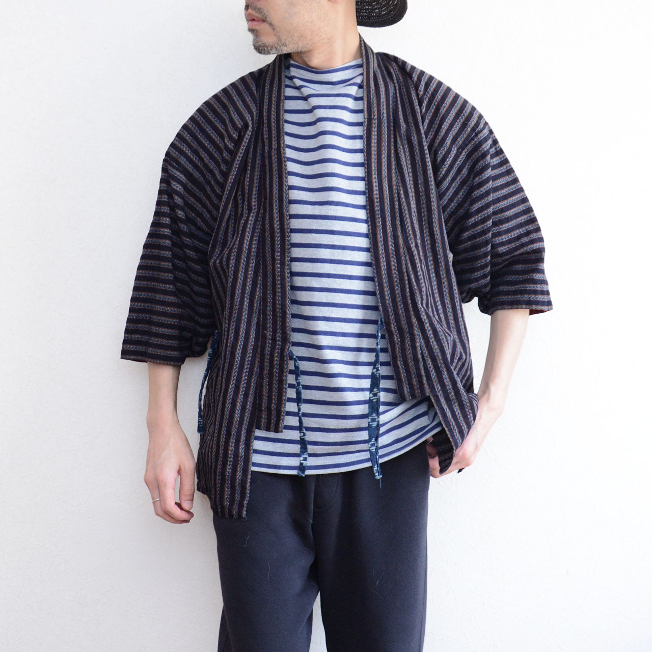 Showa era noragi in indigo stripe cotton, vintage Japan fabric