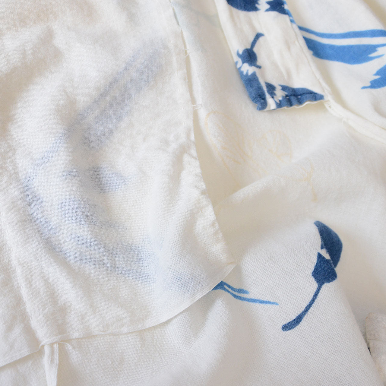 Soft aged cotton kimono featuring layered tenugui fabrics