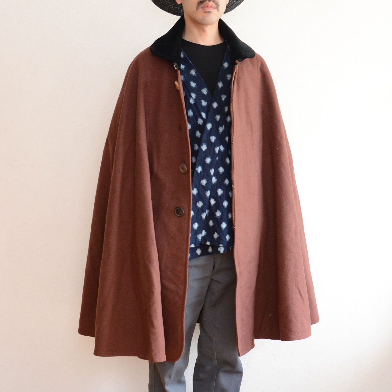 Japanese Noragi jacket paired with vintage wool mantle.