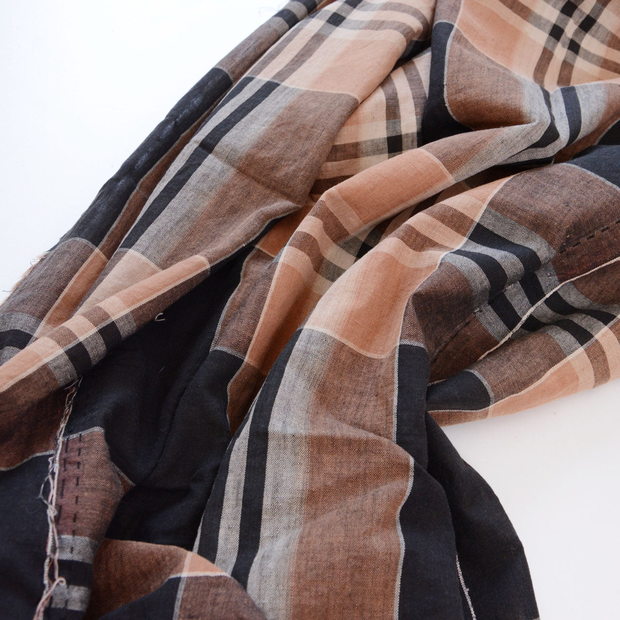 Vintage Japanese cotton fabric, black camel and beige check pattern, exceptional textile design and natural cotton texture, Showa era